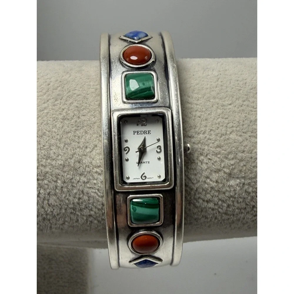 Pedre Ladies Watch Silver Tone Red Blue Green Stone Cuff New Battery 6.25